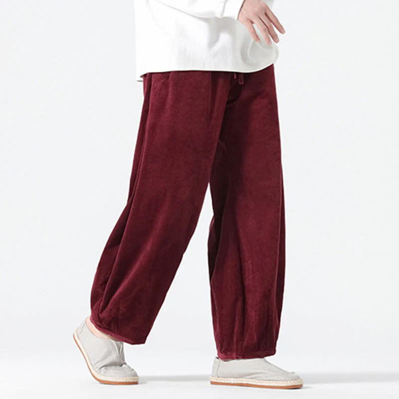 Buddha Stones Spring Pure Color Drawstring Design Corduroy Cotton Men's Harem Pants With Pockets