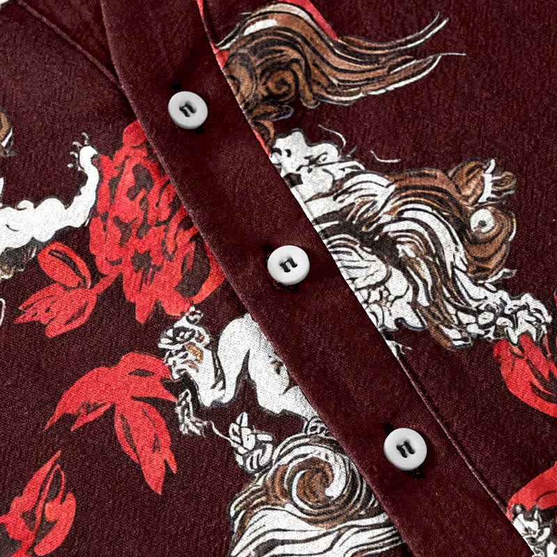 Buddha Stones Cotton Red Floral Cloud Print Henley Men's Short Sleeve Half Button Shirt