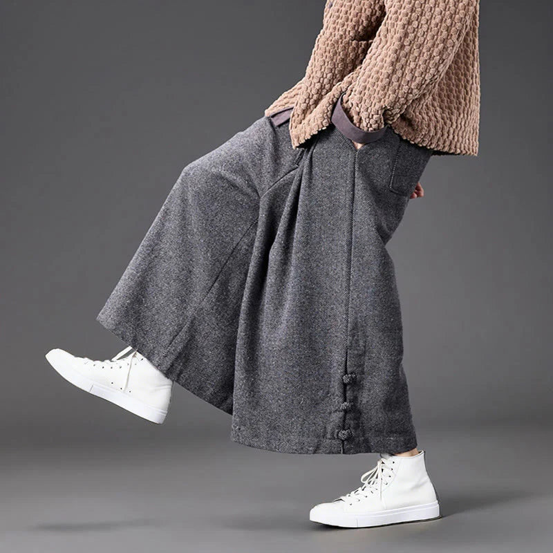 Buddha Stones Winter Chinese Frog-Button Design Corduroy Thermal Men's Wide Leg Pants With Pockets