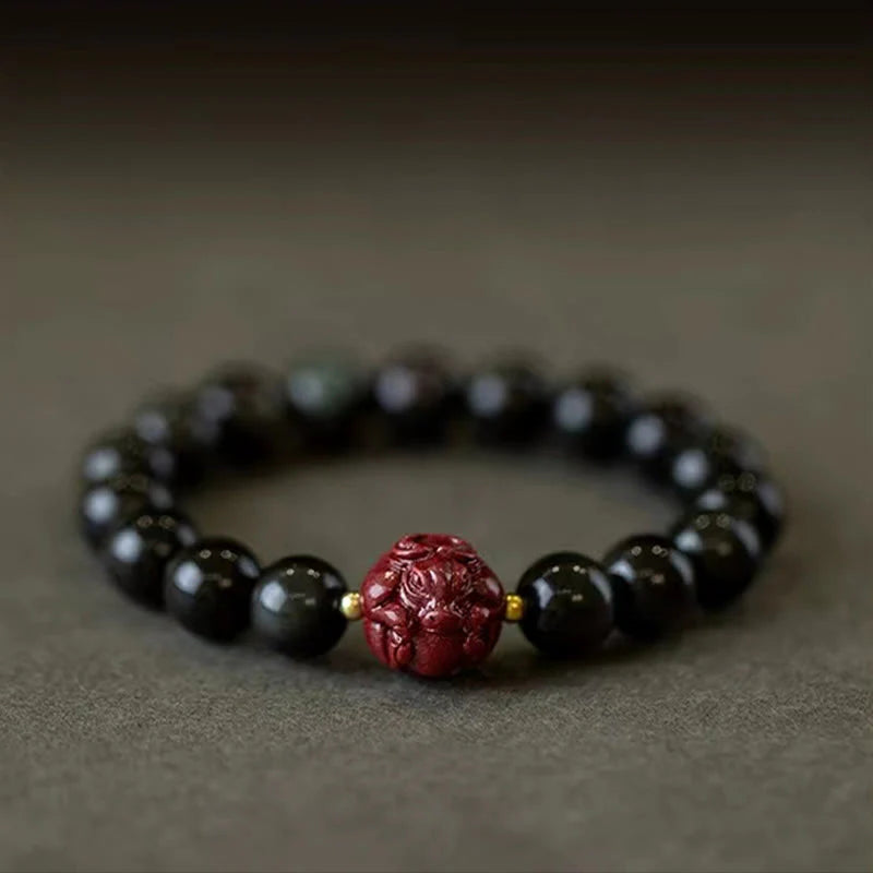 Buddha Stones Chinese Zodiac Natural Black Obsidian Cinnabar Purification Bracelet