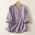 Buddha Stones Retro Embroidered Floral Short Sleeve Women's Buttons Shirt