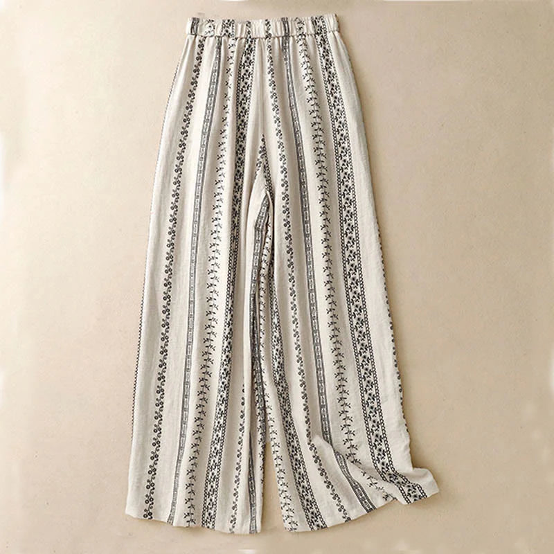 Buddha Stones Casual Vertical Printing Cotton Linen Women's Wide Leg Pants With Pockets