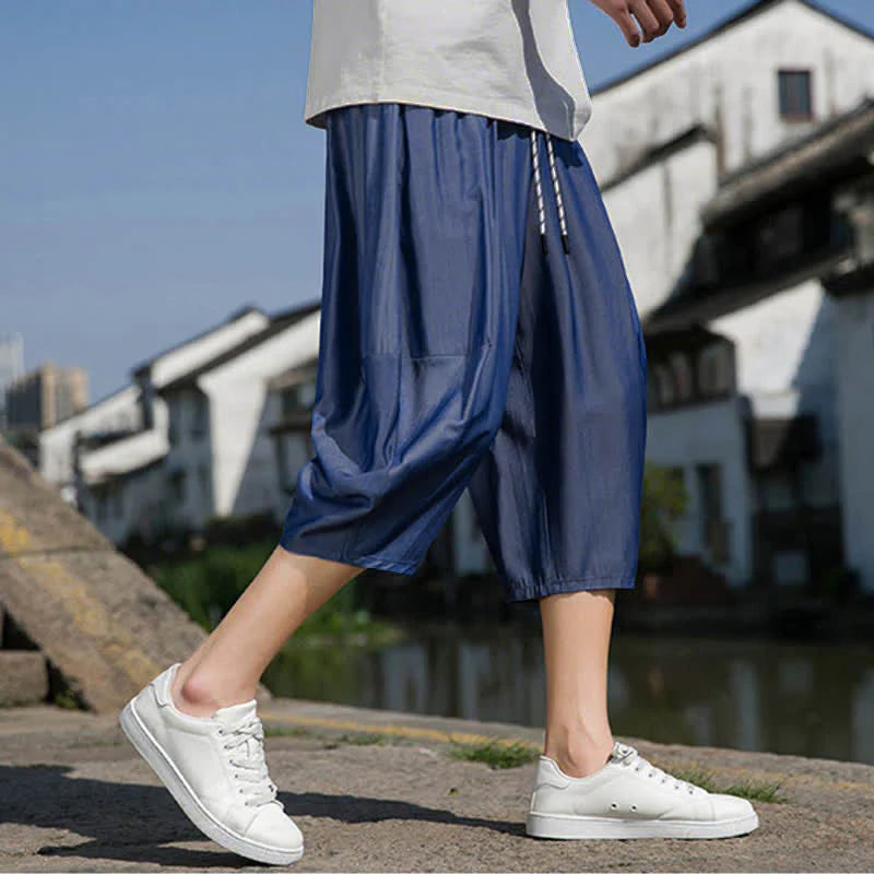 Buddha Stones Summer Elastic Waist Drawstring Solid Color Half Men's Tapered Pants With Pockets
