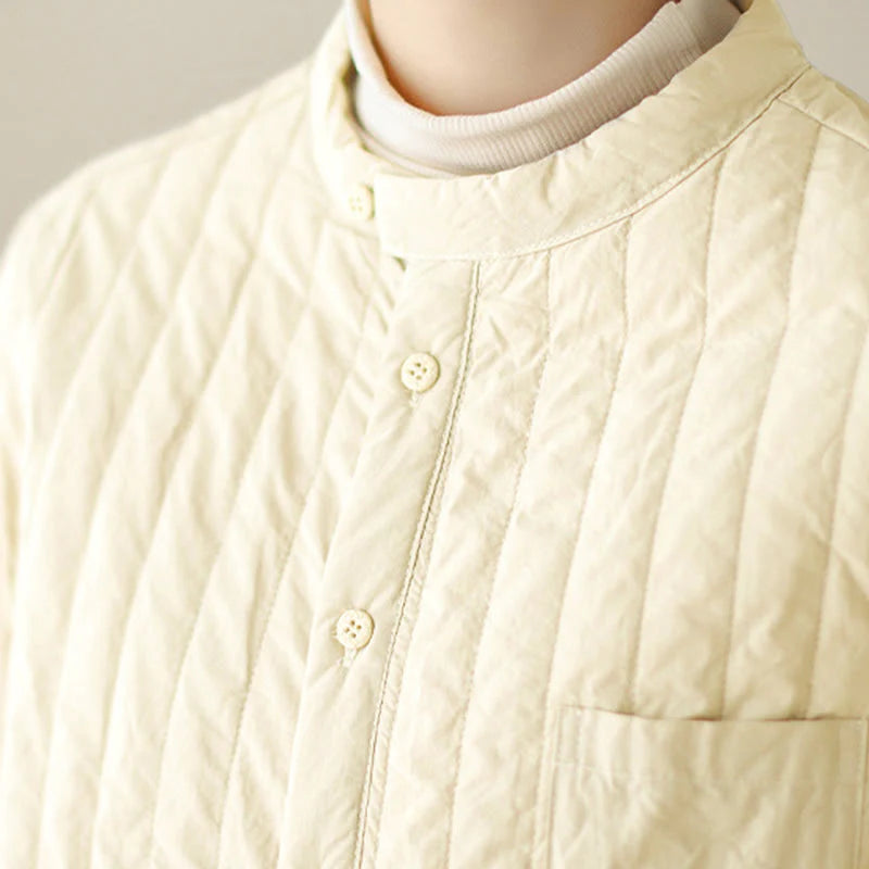 Buddha Stones Women's Stand Collar Simple Design Long Sleeve Thermal Cotton Jacket With Pocket