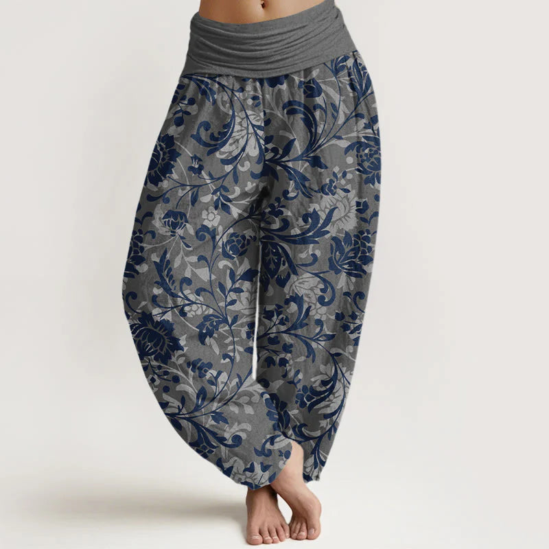 Buddha Stones Cotton Understated Luxury Flower Vine Pattern Women's Elastic Waist Harem Pants