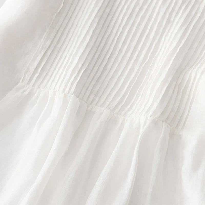 Buddha Stones Casual Accordion Pleat Plain V-neck Short Sleeve Cotton Midi Dress With Pockets