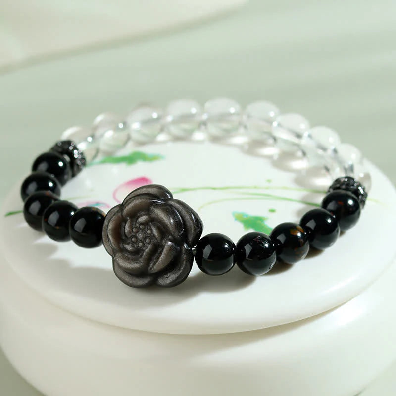 Buddha Stones Black Tourmaline Clear Quartz Carved Rose Flower Design Focus Bracelet
