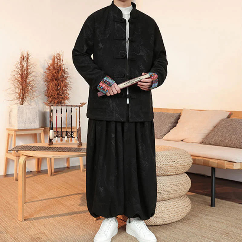 Buddha Stones 2Pcs Fall Winter Men's Tang Suit Dragon Frog-Button Cotton Long Sleeve Jacket Pants Set