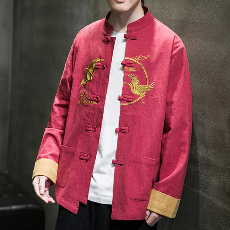 Buddha Stones Embroidery Cranes Pattern Frog-Button Men's Cotton Long Sleeve Jacket With Pockets