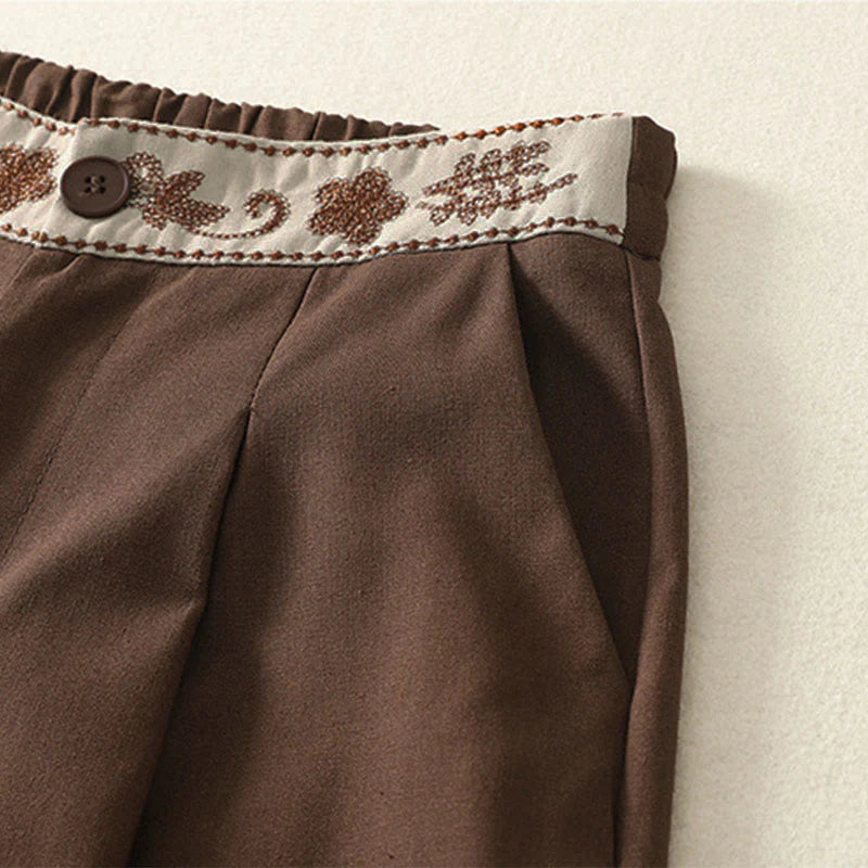 Buddha Stones Women's Embroidery Elastic Waistband Zipper Design Cotton Wide Leg Pants With Pockets