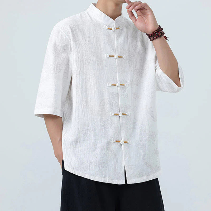 Buddha Stones Summer Dragon Auspicious Clouds Pattern Tang Suit Men's Frog-Button Half Sleeve Cotton Shirt