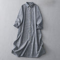 Buddha Stones LightSteelBlue White Striped Long Sleeve Lapel Cotton Linen Midi Dress With Pockets