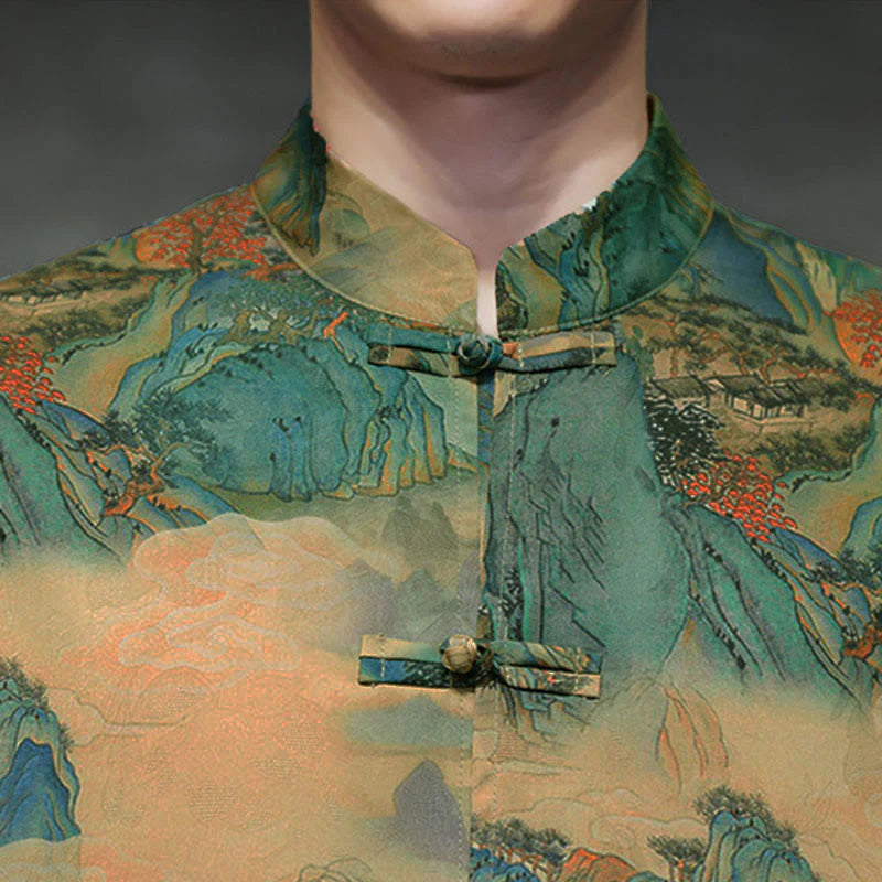 Buddha Stones Spring Frog-Button Dragon Mountain Flower Three Quarter Sleeve Tang Suit Men's Shirt With Pockets