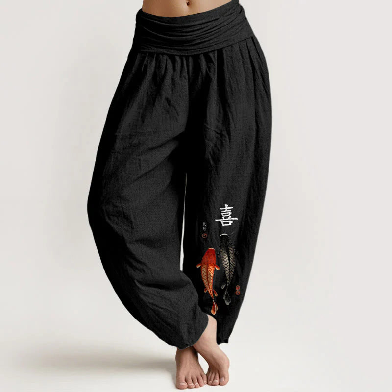 Buddha Stones Pure Cotton Concise Koi Fish Chinese Character Pattern Women's Elastic Waist Harem Pants