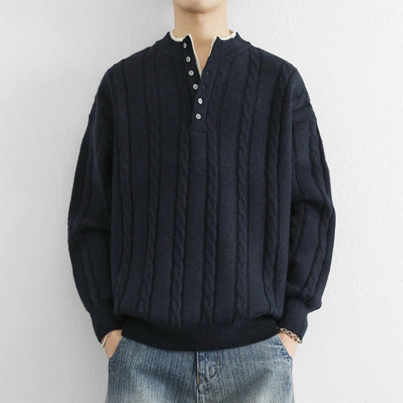 Buddha Stones Winter V-Neck Buttons Twisted Design Warm Men's Long Sleeve Knitted Sweater