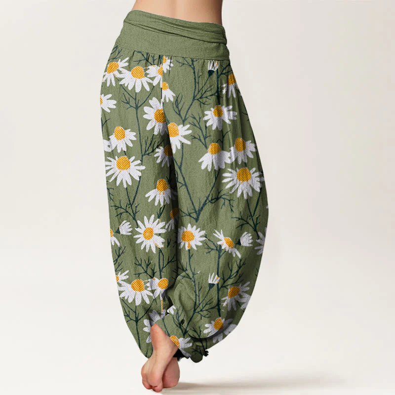 Buddha Stones Cotton White Petals Daisy Pattern Women's Elastic Waist Harem Pants