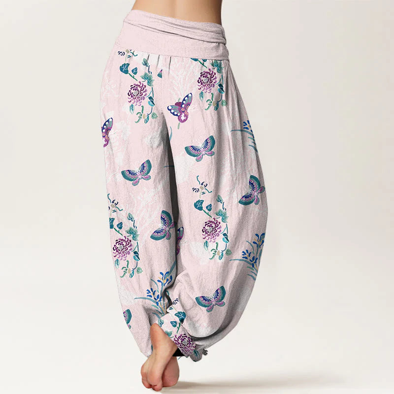 Buddha Stones Pure Cotton Fresh Elegant Butterfly Grass Flower Pattern Women's Elastic Waist Harem Pants