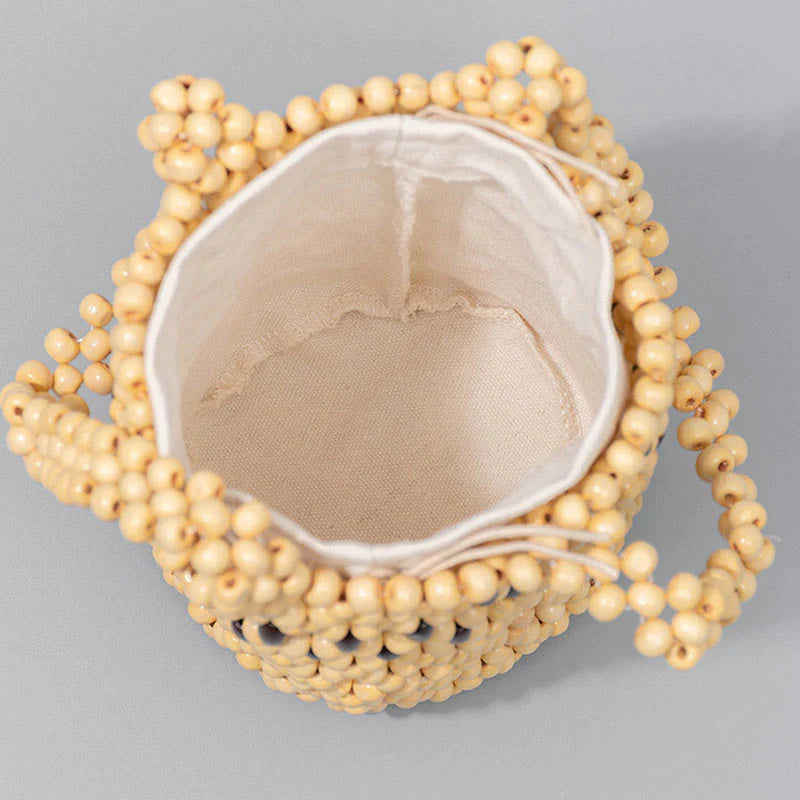 Buddha Stones Hand-woven Bucket Portable Wooden Beads Handbag