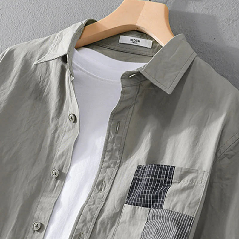 Buddha Stones Fall Square Color Blocking Decorative Pocket Buttons Down Stand Collar Long Sleeve Men's Cotton Shirt