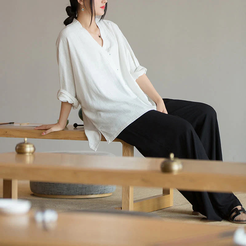 Buddha Stones V-Neck Blouse Women Shirt Long Sleeve Top Chinese Hanfu Style Clothing