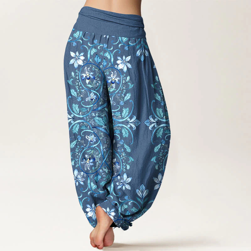 Buddha Stones Cotton Symmetrical Flower Vines Leaves Pattern Women's Elastic Waist Harem Pants