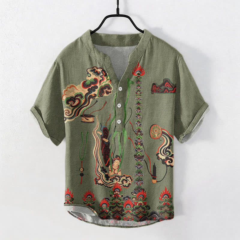 Buddha Stones Cotton Mural Cloud Pattern Men's Short Sleeve Half Button Shirt