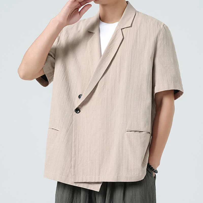 Buddha Stones Spring Plain Asymmetrical Lapel Collar Short Sleeve Men's Cotton Linen Shirt With Pockets