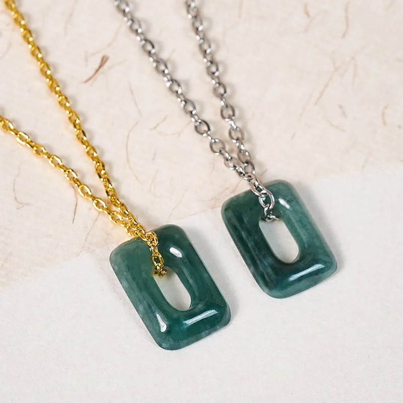 Buddha Stones Mini Square Green Jade Abundance Necklace Pendant