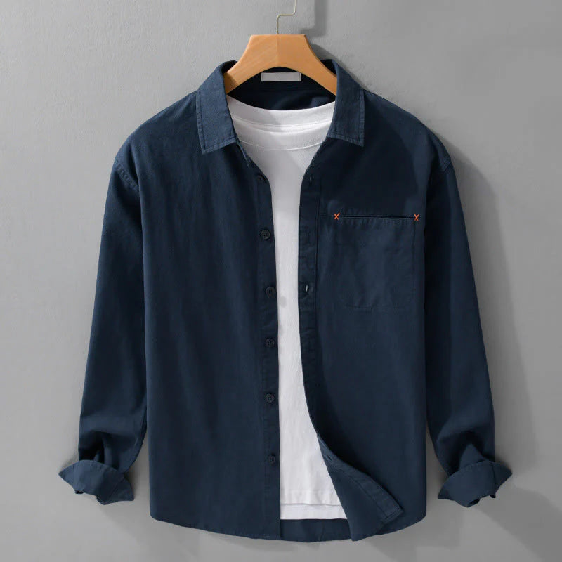 Buddha Stones Spring Solid Buttons Down Decorative Pocket Men's Stand Collar Long Sleeve Cotton Shirt