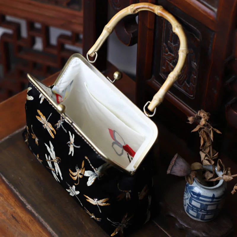 Buddha Stones Dragonfly Crane Bamboo Leaves Plum Blossom Bamboo Handles Handbag (Extra 30% Off | USE CODE: FS30)