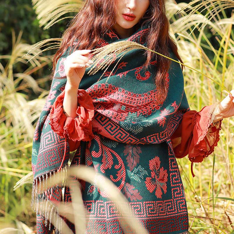 Buddha Stones Jacquard Ethnic Paisley Plants Pattern Tassel Soft Thermal Scarf Shawl