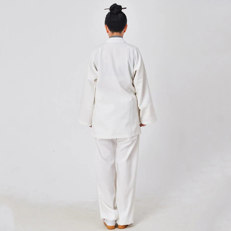 Buddha Stones 2Pcs Wudang Fall Solid Frog-Button Long Sleeve Linen Unisex Taoist Robe Kimono Pants Qigong Ceremony Suit