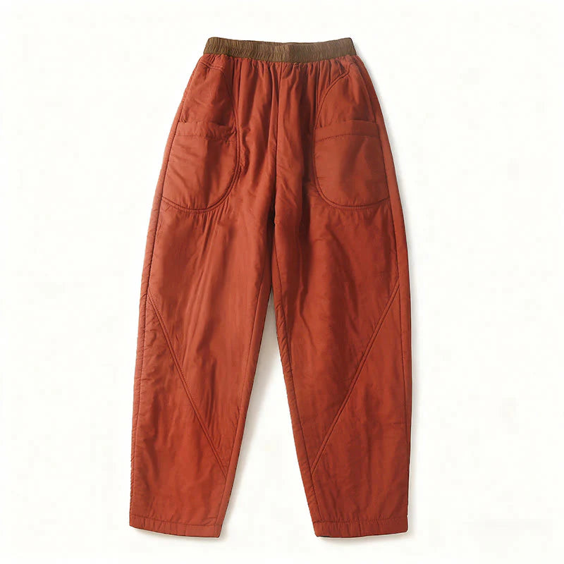 Buddha Stones Women's Winter Plain Elastic Waist Design Thickened Harem Pants With Pockets