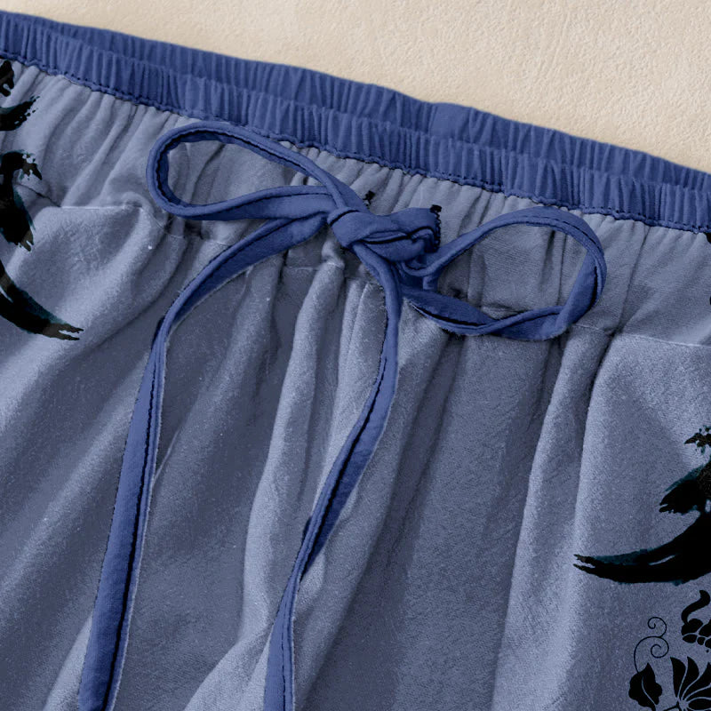 Buddha Stones Cotton Casual Dharma Wheel Lotus OM Pattern Women's Elastic Waist Pants With Pockets