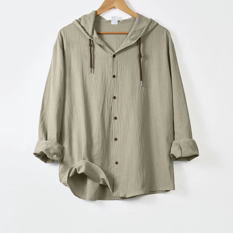 Buddha Stones Solid Color Long Sleeve Hooded Drawstring Buttons Cotton Men's Shirt