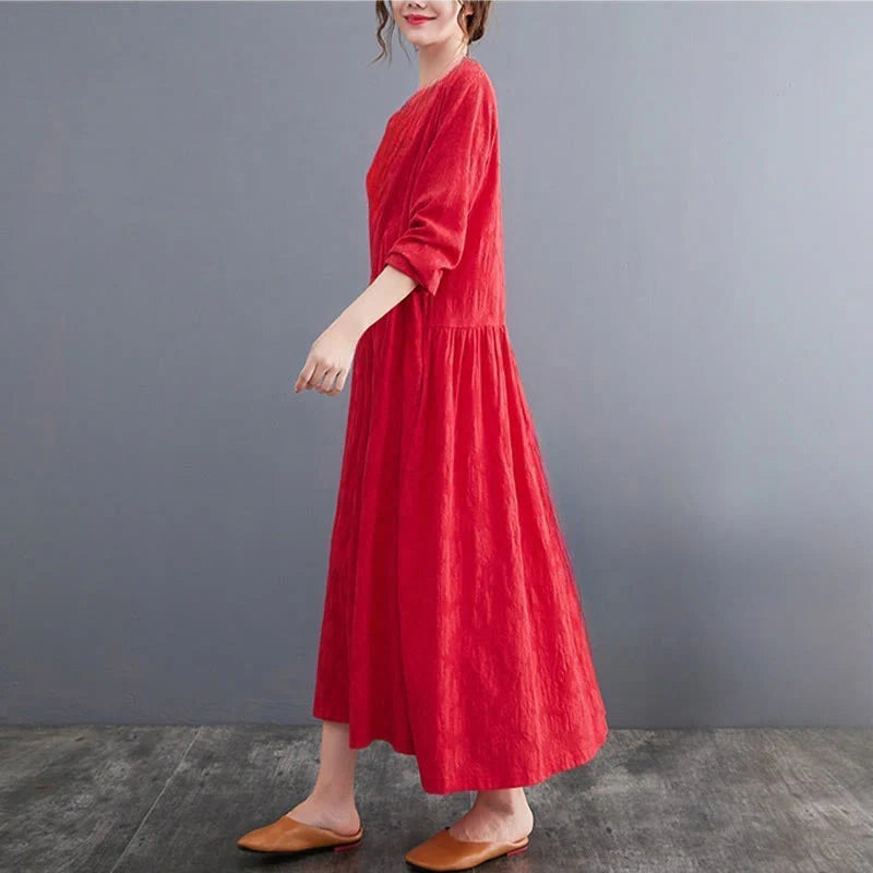 Buddha Stones Smiple Jacquard Pattern Long Sleeve Cotton Linen Women's Midi Dress With Pockets