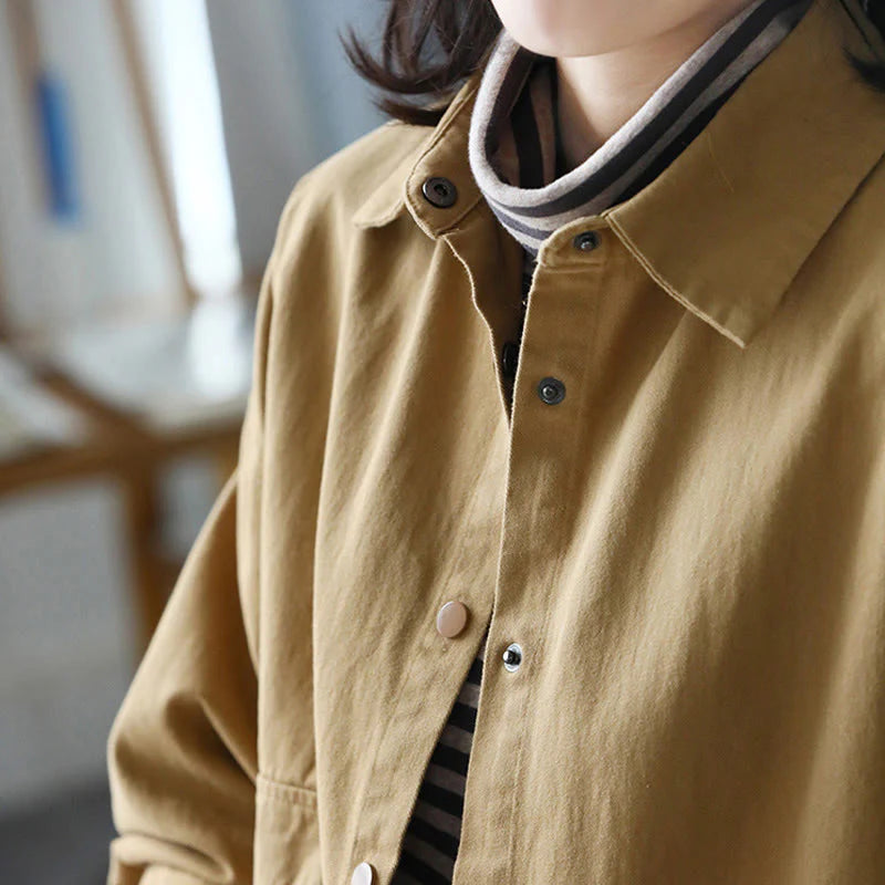 Buddha Stones Vintage Casual Pure Color Lapel Women's Cotton Jacket With Pockets