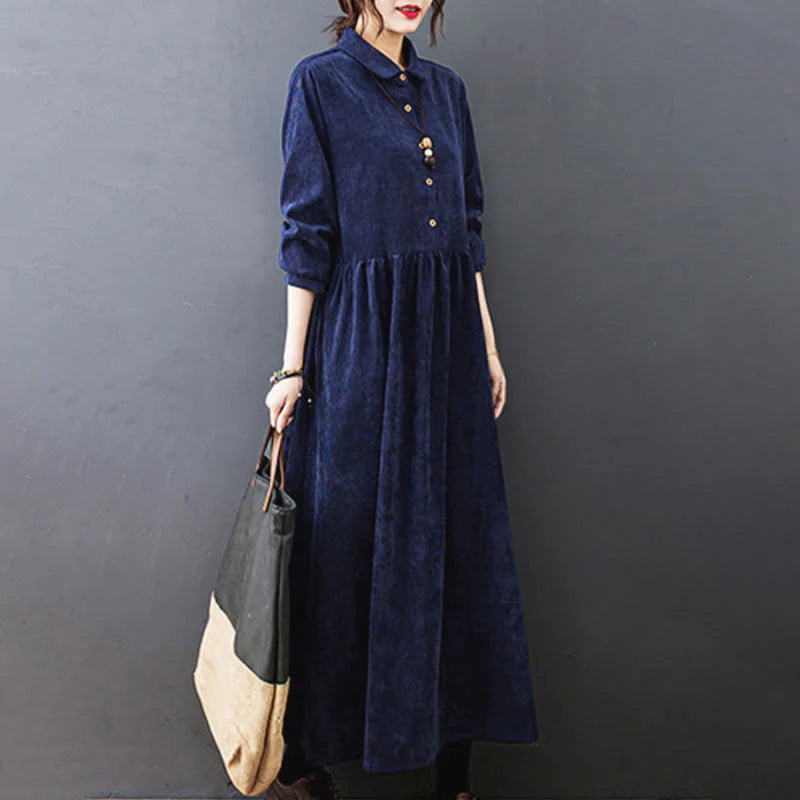 Buddha Stones Fall Buttons Design Long Sleeve Cotton Corduroy Midi Dress With Pockets