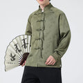 Buddha Stones Spring Jacquard Bamboo Leaves Pattern Chinese Frog-Button Design Men's Long Sleeve Shirt