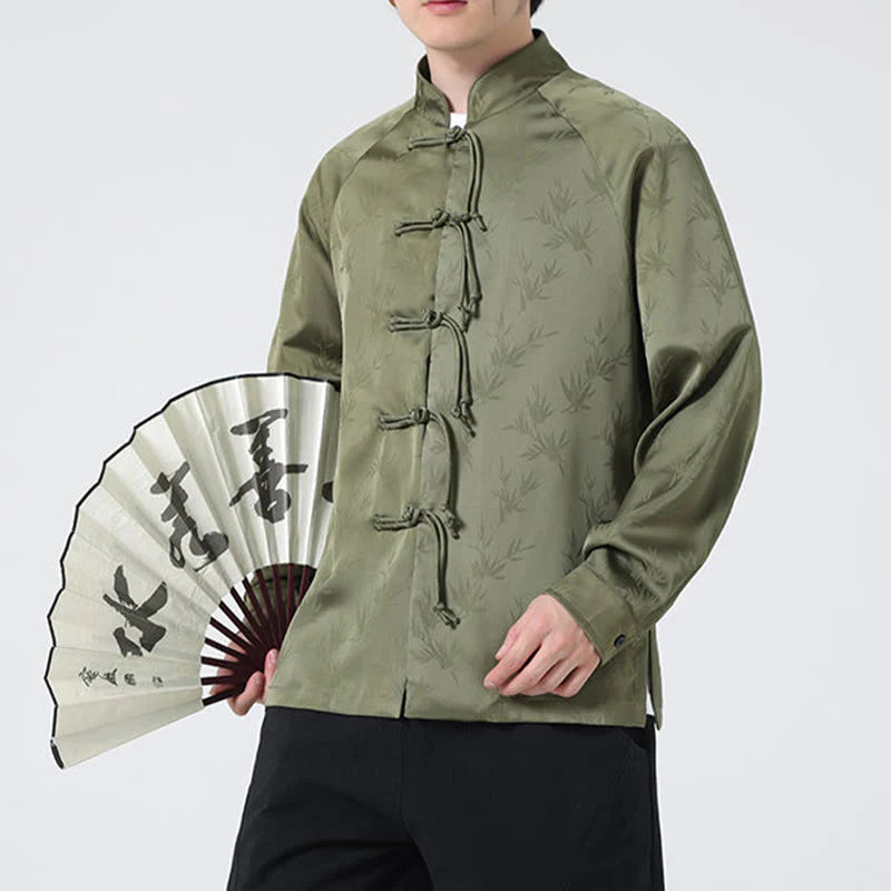 Buddha Stones Spring Jacquard Bamboo Leaves Pattern Chinese Frog-Button Design Men's Long Sleeve Shirt