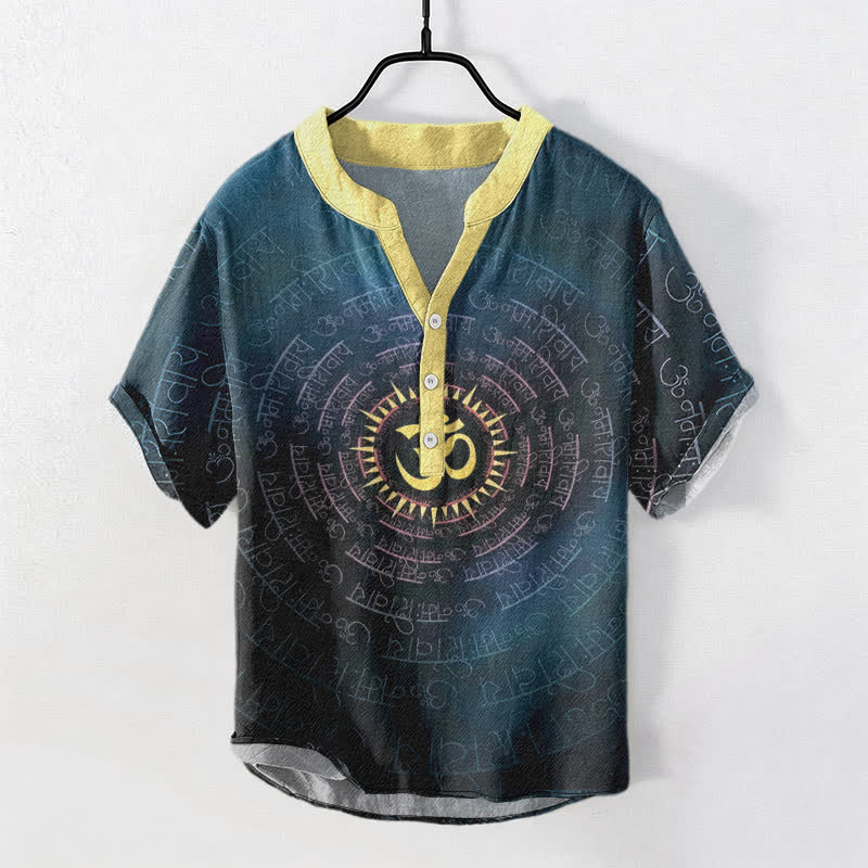 Buddha Stones Cotton Om Mantra Emblem Men's Short Sleeve Half Button Shirt