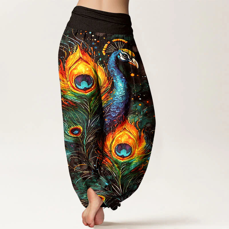 Buddha Stones Cotton Peacock Starry Sky Pattern Women's Elastic Waist Harem Pants