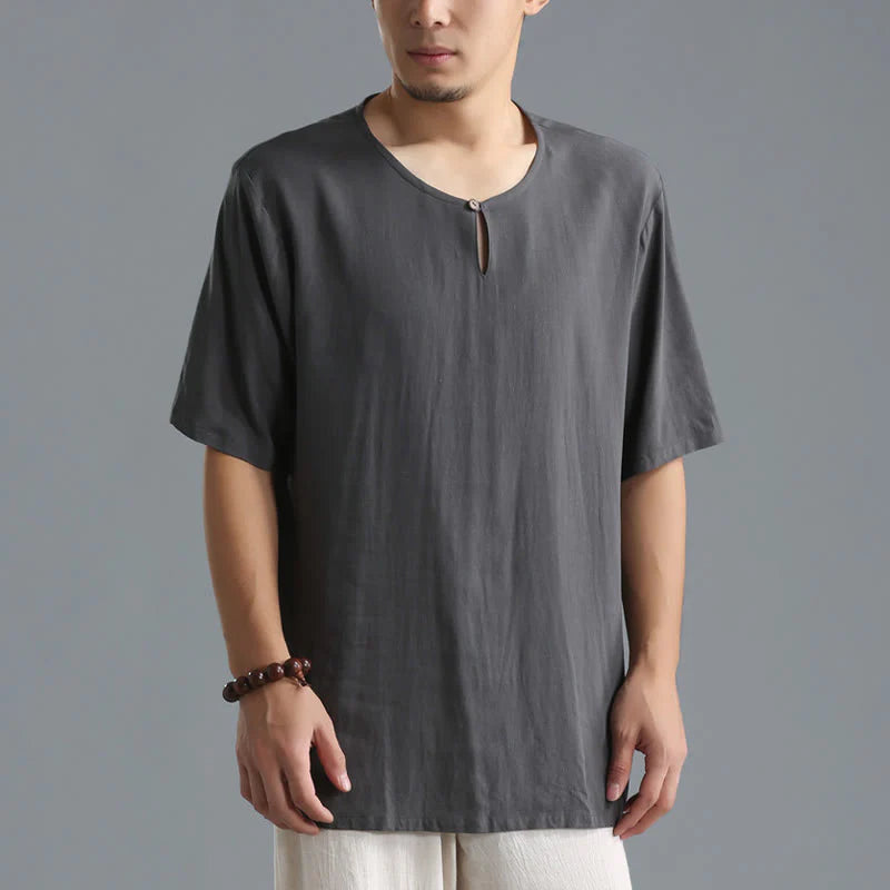 Buddha Stones Men's Solid Color Round Neck Short Sleeve CottonÂ Linen Shirt