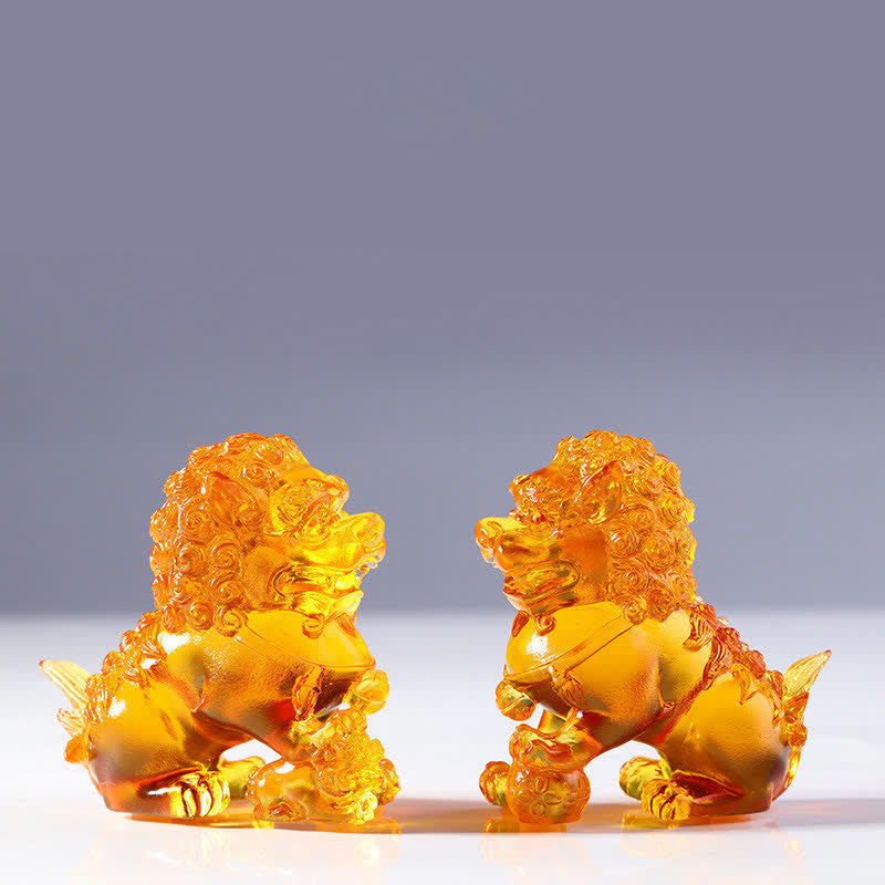 Buddha Stones Handmade Liuli Crystal Lion Art Piece Strength Home Office Decoration