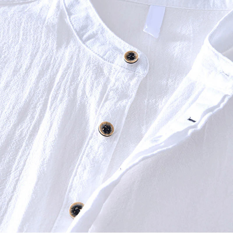 Buddha Stones Spring Fall Solid Long Sleeve Half Button Cotton Men's Shirts