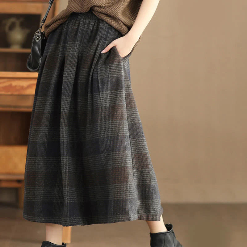Buddha Stones Women's Winter Plaid Pattern Cotton Thermal 7-8 Length Skirt With Pockets