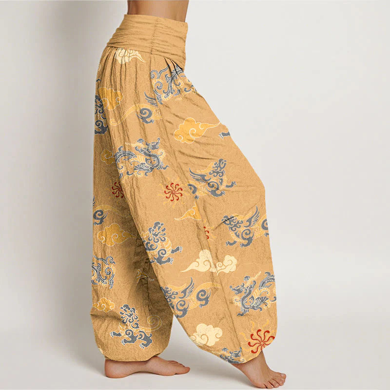 Buddha Stones Cotton Gorgeous Dragon Auspicious Beast Cloud Pattern Women's Elastic Waist Harem Pants