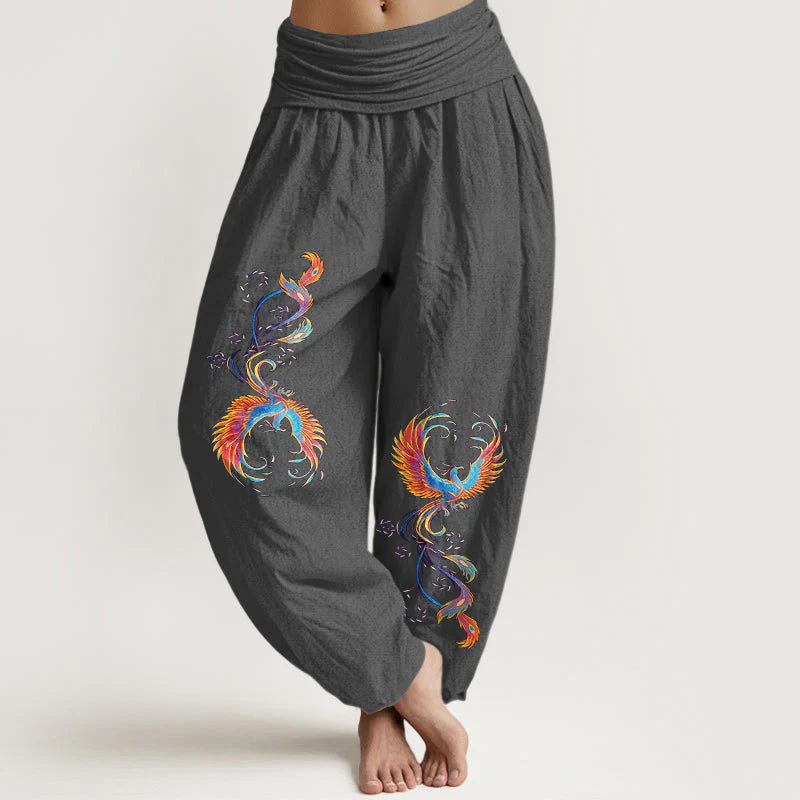 Buddha Stones Pure Cotton Gorgeous Phoenix Pattern Women's Elastic Waist Harem Pants