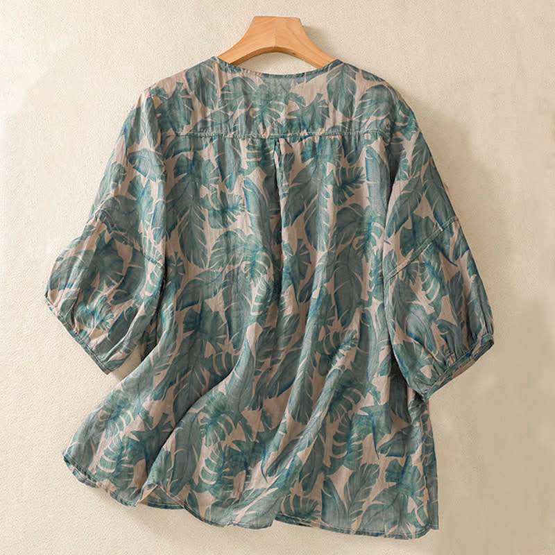 Buddha Stones Commute Floral Crew Neck Pleated Design Puff Short Sleeve Women's T-Shirt