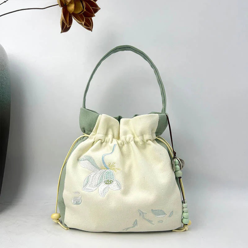 Buddha Stones Embroidered Butterfly Lotus Magnolia Cotton Linen Tote Crossbody Bag Shoulder Bag Handbag